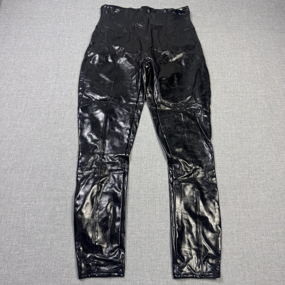 Spanx Patent Faux Leather Leggings Women L Black Shaping High Shine High Waisted